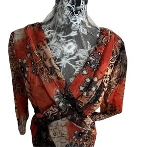 Frank Lyman size 14 orange print 2 piece  faux wrap top asymmetrical skirt